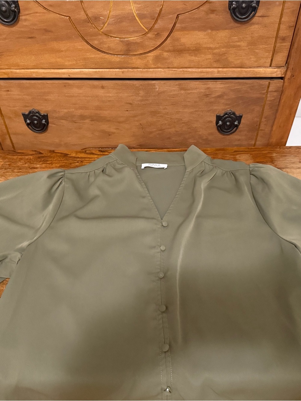 V-Neck Olive Green Button-Front Women’s Blouse